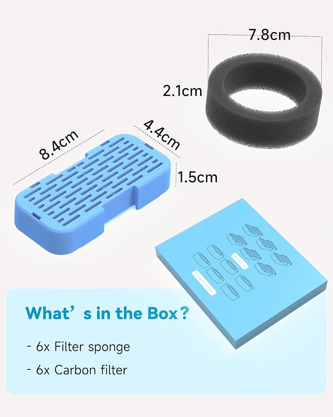 AONBOY Cat Fountain Filters Replacement: 6 Filters + 6 Cat Fountain Sponge, Suitable for AONBOY Pet Fountain S3-SC, Multiple Filtration, Isolates Floating Hairs and gets rid of Odors
