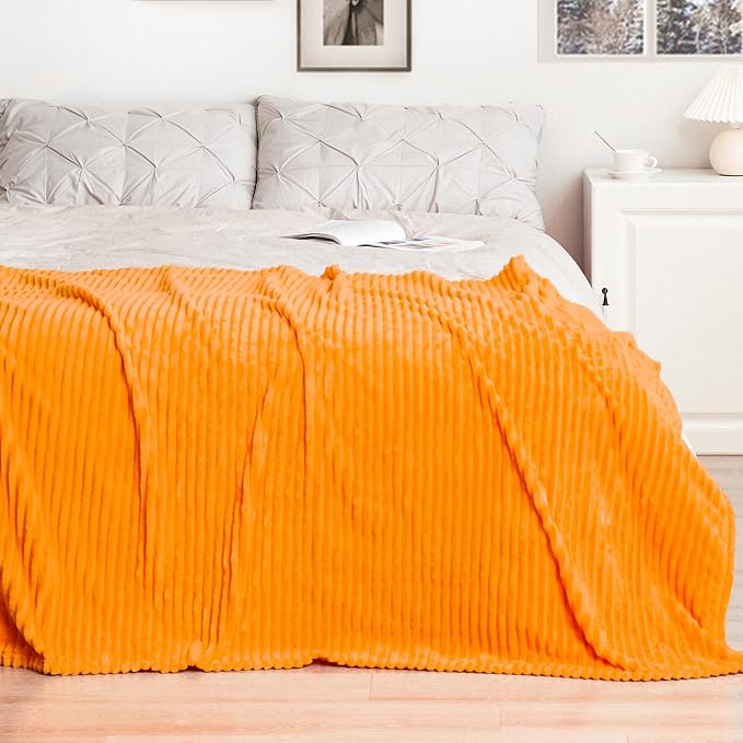 Vessia Flannel Fleece Queen Size Blanket for Bed,Couch,Sofa(90x90inch), 300GSM Microfiber Orange Striped Bed Blanket for Adults, Super Soft Warm Cozy Lightweight Ribbed Decor for All-Season