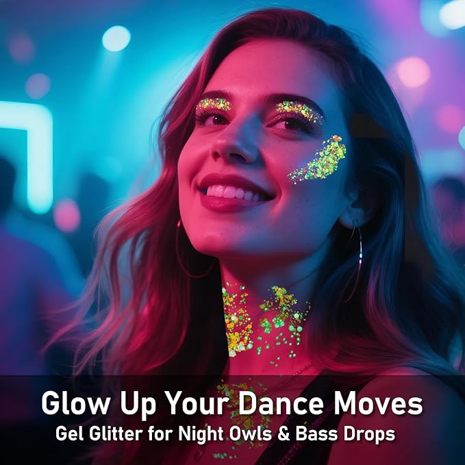6 Colors Glow Body Glitter Gel, Glow in The Dark Hair Face Glitter Gel, Rave Accessories for Festivals Carnival UV Black Light Party