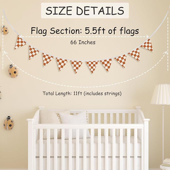 Boys Room Wall Art Decor,Cars Room Decor for Toddler Nursery Playroom,Orange and White Checkered Garland Triangle Banners,Racing Flags 11Ft Bunting Flags Fabric for Baby Shower Birthday Party