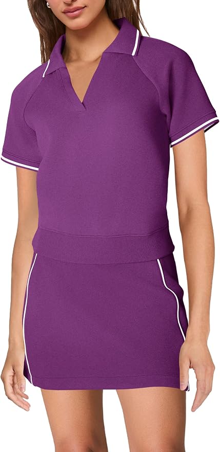 Womens Workout Sets 2 Piece Outfits V Neck Short Sleeve Polo Shirt and Tennis Skort Set with Pockets