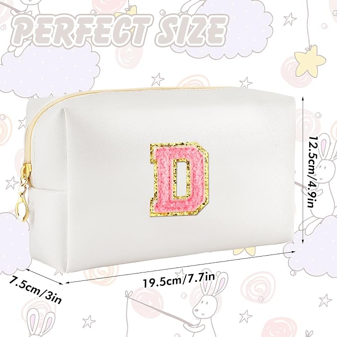 URSKYTOUS Initial Makeup Bag Personalized Preppy Travel Small Cosmetic Bag Cute PU White Chenille Letter Makeup Pouch for Purse Waterproof Zippered Toiletry Organizer for Women Girls Kids Friends (D)