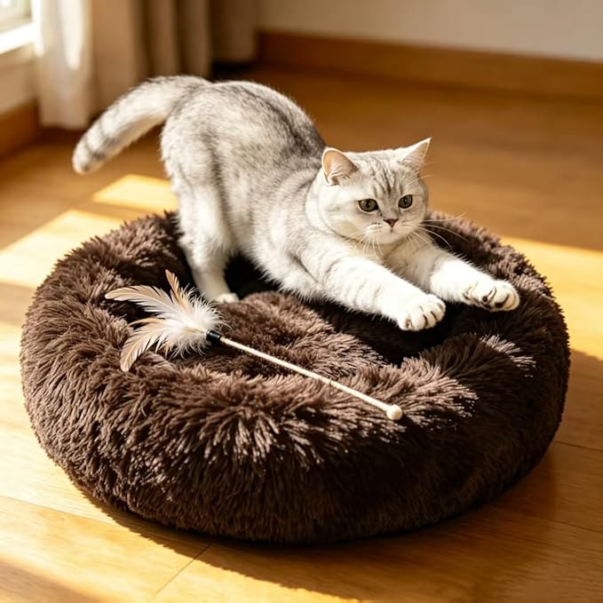 Cat Beds for Indoor Cats - Cat Bed Washable 20/24 inches, Dog Beds for Small Medium Dogs, Anti Anxiety Round Fluffy Plush Faux Fur Pet Bed, Thick Bottom (Coffee, Medium)