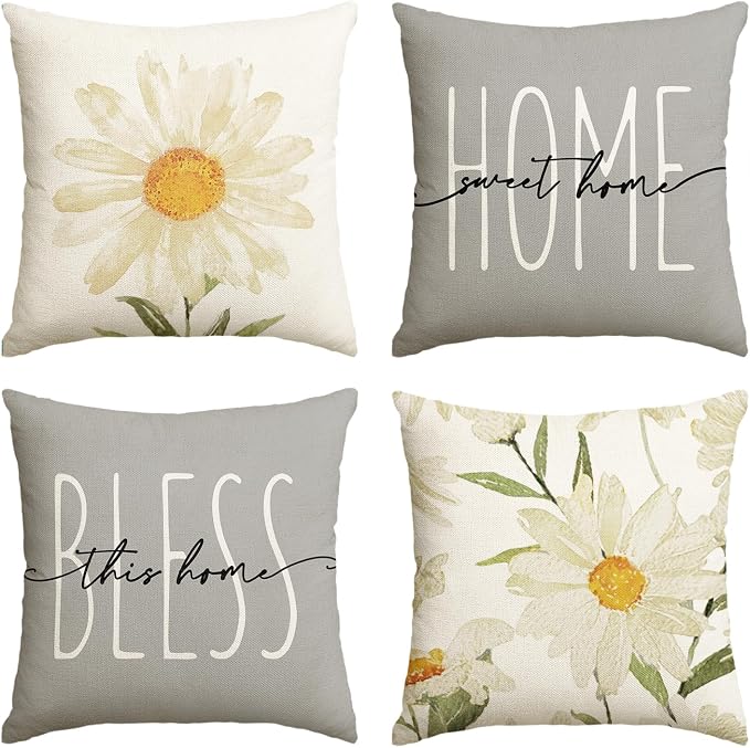 AVOIN colorlife Home Sweet Home Spring Summer Flowers Throw Pillow Covers, 18 x 18 Inch Grey Cushion Case for Sofa Couch Set of 4