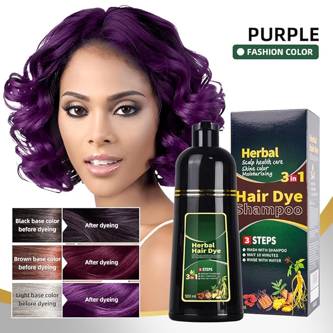 HUDABABY Purple Hair Dye Shampoo 3 in 1 Herbal Natural Dye Cover Gray, for Women/Men Hair Color for Grey Coverage (Purple)
