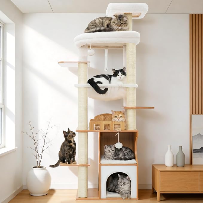 Modern Cat Tree Tower, 2-Layer Condo & Perch, Big Hammock 102WB | 70.9''Wooden Cat Tower House Large Platform with Safe Guardrail for Indoor Cats Adult, All Sisal Scratching Post, Walnut