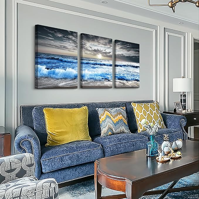 MHARTK66 Large Canvas Wall Art for Living Room, Bedroom, Office Decor - Blue Ocean Wave Seascape Pictures, Black and White Beach Painting - Modern Home Decorations
