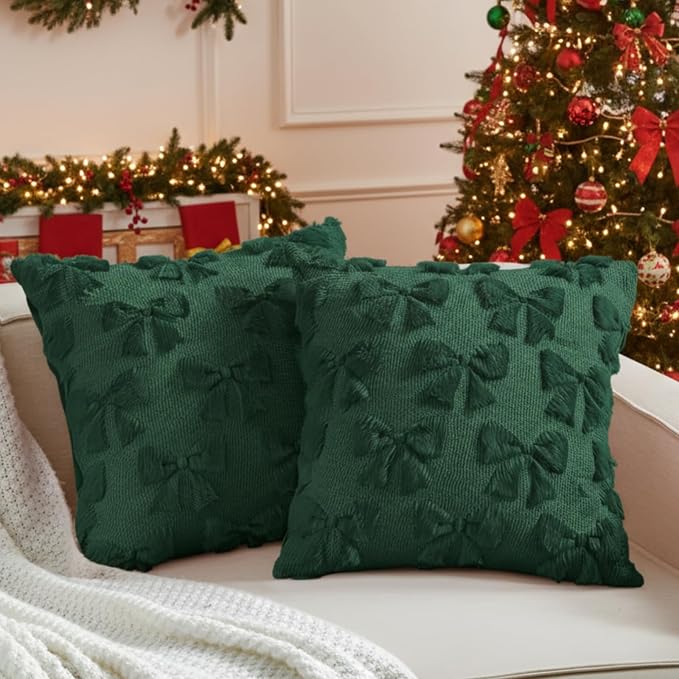 Mixweer Green Bow Pillow Covers Set of 2 Preppy Room Decor Coquette Cute Spring Summer Decorative Faux Fur Soft Bowknot Stuff Fluffy Plush Aesthetic Pillowcase for Bed Sofa Couch (18 x 18 Inch)