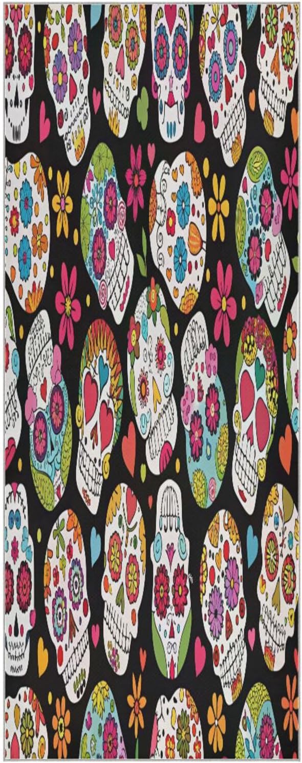 Mexican Sugar Skull Flower Hot Yoga Towel with Carry Bag - Sweat Absorbent Non Slip Yoga Mat Towel for Bikram Pilates Mats, Workout, Gym, 73"x27"
