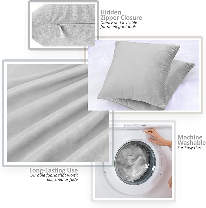 Throw Pillow Inserts Pack of 2 with Velvet Soft Solid Decorative Square Throw Pillow Covers Set for Sofa Couch Car Bedroom, 26X26 Throw Pillows Inserts with 24x24 Washable Cushion Covers, Light Gray