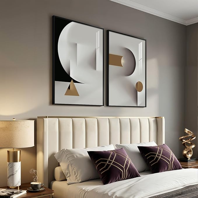 Large Framed Modern Elegant Abstract Wall Art, 2 Piece Black White Gold Geometric Prints Paintings Artwork for Walls, Minimalist Wall Pictures for Living Room Dining Bedroom Hallway Wall Decor 24x36 In