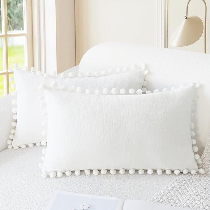CaliTime Decorative Couch Throw Pillow Covers 12 X 12 Inches True White | Pack of 2, Cozy Chenille Cushion Cases, with Pom Poms for Sofa Bed Living Room Farmhouse Home