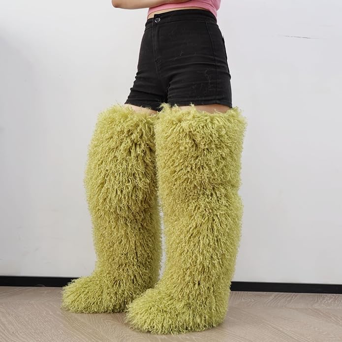 SWEETHEART BEAUTY Thigh High Shagy Teddy Fur Boots, 29 Inch Over the Knee Length Fluffy High Boots, Tall Furry Shoes For Women