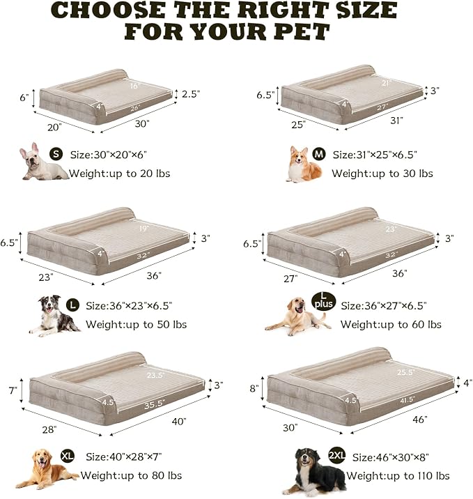 WINDRACING Orthopedic Dog Beds for Large Dogs, Waterproof Egg Foam Dog Sofa Bed with L Bolster Sides, Washable XLarge Pet Bed with Removable Cover & Non-Slip Bottom, 40 x 28 inch, Beige