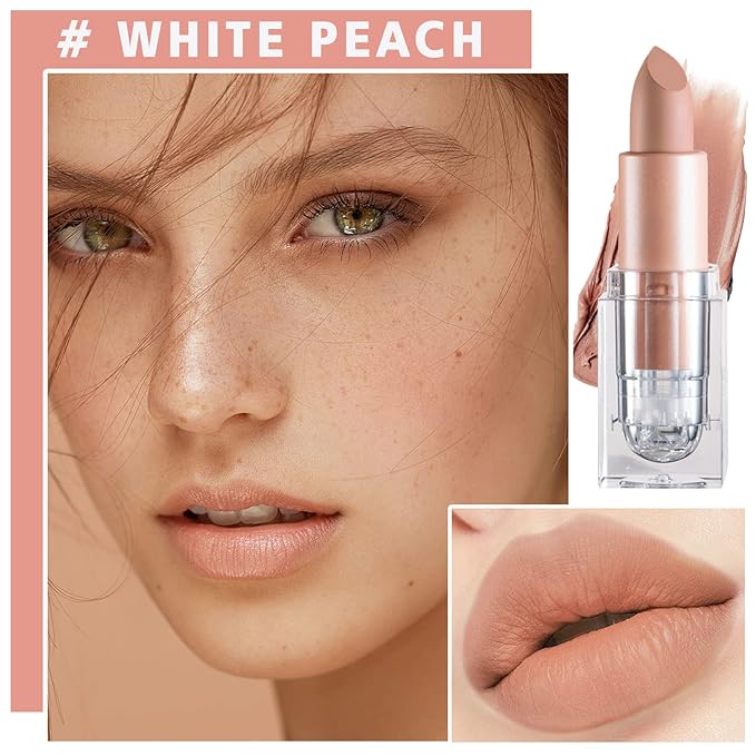 Matte Nude Lipstick Velvet Lip Gloss Non-Fading Non-Sticky Cup Nude Lipstick Matte Lip Stain Long Lasting Waterproof Lipstick for Women Girls Daily Lip Makeup - White Peach