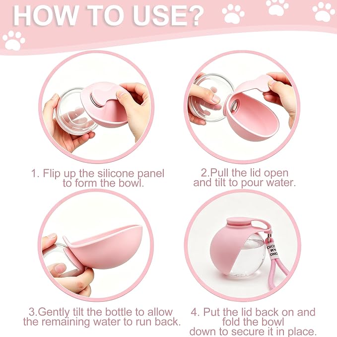 Dog Water Bottle Portable, 2in1 Round Dog Water Bowl PET 10oz