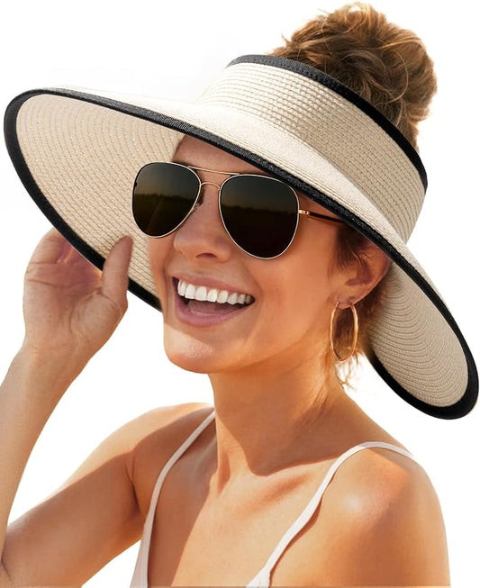 FURTALK Womens Sun Hat with Ponytail Hole Wide Brim Beach Straw Visor | Foldable & Packable for Beach Vacations, Adjustable Fit for Messy Buns, Detachable Windproof Strap, Sweat-Wicking Inner Band
