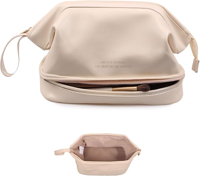 Abiudeng Large Capacity Makeup Bag Ladies Cosmetic Bag Travel Bag with Compartments Portable PU Leather Travel Makeup Bag with Handle