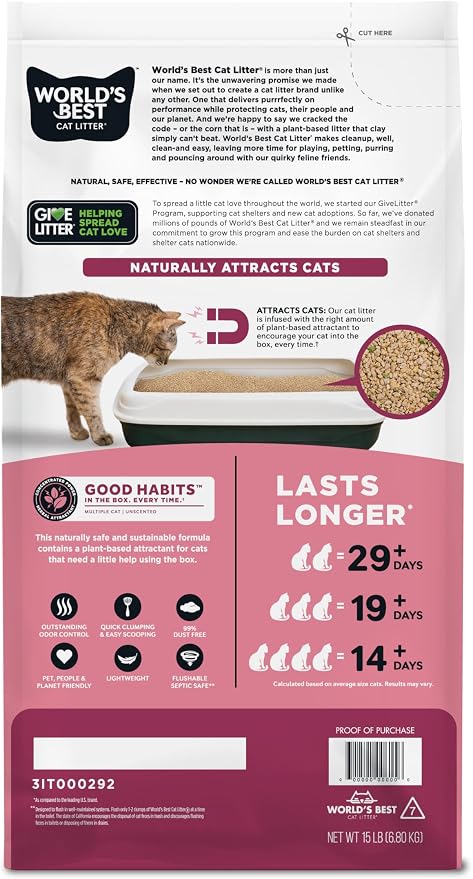 World's Best Cat Litter, Good Habits Cat Attract Litter, Unscented, 15 lb | Attracts cats and kittens with plant-based attractant; natural corn litter, quick clumping, flushable, 99% dust free formula