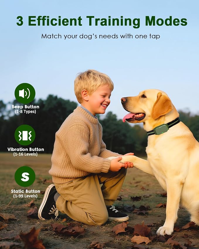 Shock Collar for Dogs, Dog Training Collar with Remote Control | IP67 Waterproof Receiver, Beep, Vibration, Safe Static Modes, Rechargeable，Adjustable Fit for 15–110 lb Dogs
