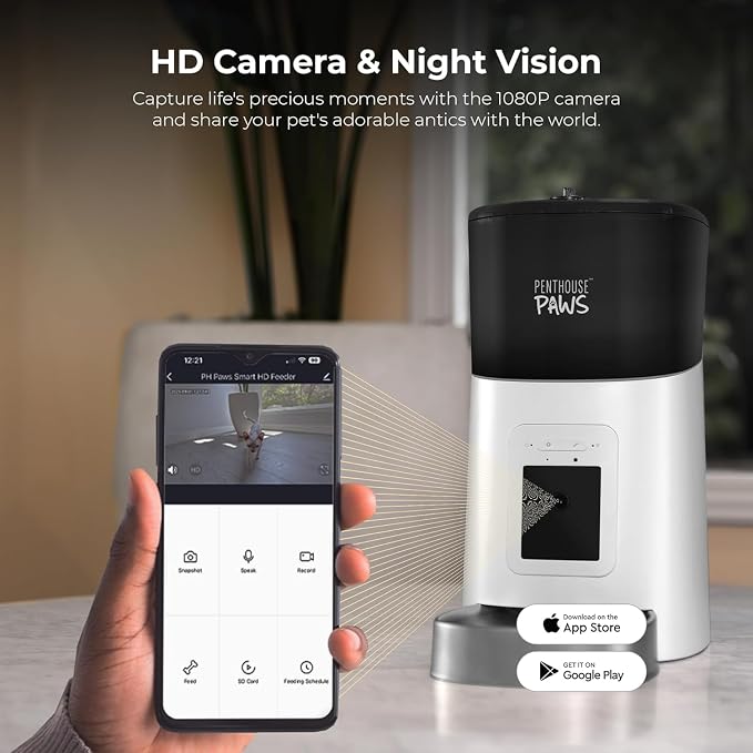 Smart HD Pet Feeder, 6L, White/Stainless Steel | 1080p Camera, 2-Way Audio, Voice Recording, Night Vision, Scheduled Meals, Backup Power, Easy to Clean, Anti-Jam Design