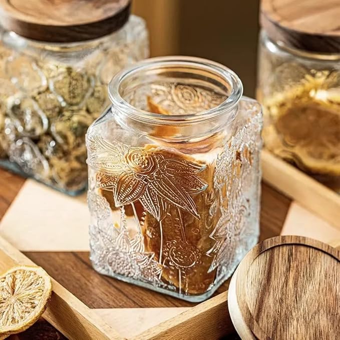 Set of 2 Vintage Glass Storage Jars, Candy Jars with Lids | Coffee Jars, Kitchen Canisters for Coffee Tea Sugar Candy Cookie, Decorative Mason Jars Cute Jars (25.3oz/23.7oz)