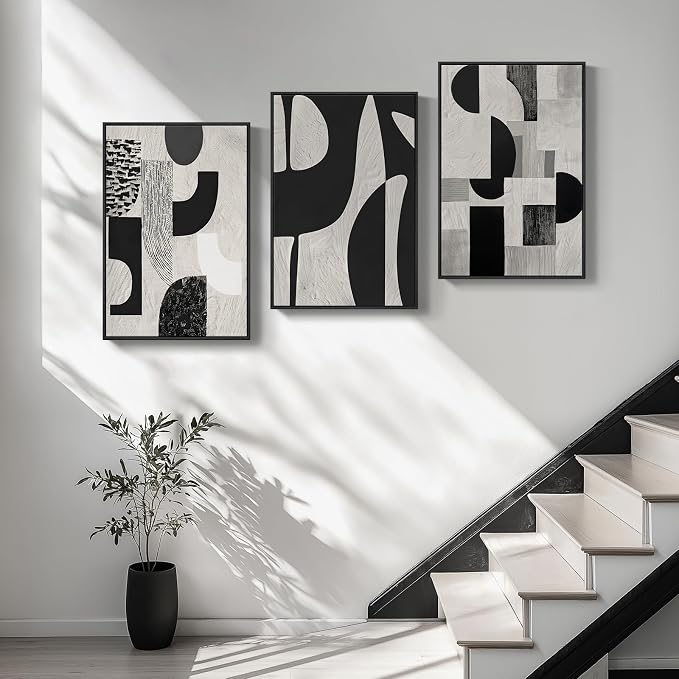 Large Framed Black and White Abstract Wall Art for Living Room, 3 Piece Modern Canvas Prints Paintings Artwork for Walls, Minimalist Geometric Pictures for Entryway Hallway Office Wall Decor 24x36 In