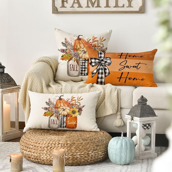 AVOIN colorlife Fall Pumpkin Home Sweet Home Throw Pillow Covers, 12 x 20 Inch Autumn Thankful Grateful Blessed Harvest Floral Orange Decorations for Sofa Couch Set of 4