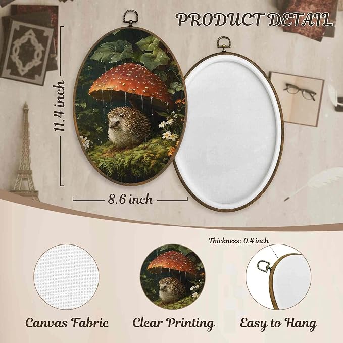 LKETW Vintage Whimsical Hedgehog Oval Wall Art Decor, Dark Cottagecore Oval Canvas Hanging Decor, Moody Botanical Hedgehog Mushroom Wall Decorations for Home Bedroom Living Room, 8.6x11.4 Inch