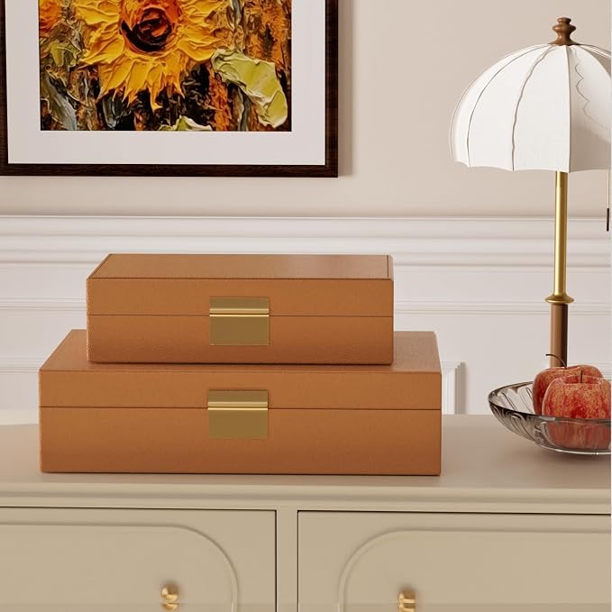 Decorative Storage Box Set of 2, PU Leather Organizer for Home Decor Brown | Multi-Purpose Beautiful Decorative Container with Lids Store Photos, Documents, Memory Box Keepsakes Collect, ideal for Gifts