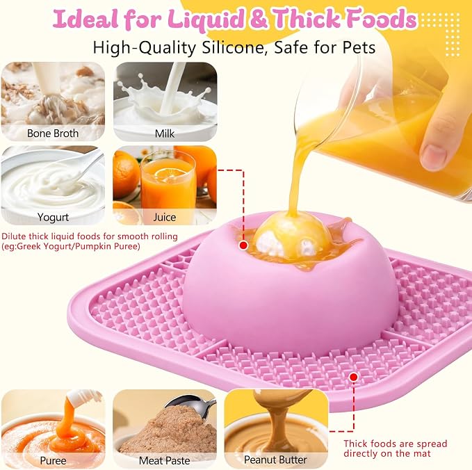 Slow Feeder Dog Bowls & Lick Mat for Liquid and Thick Treat, Anti-Slip Dog Lick Bowl with Interactive Rolling Ball, 5/6 Cup Pup Licking Toy for Large Medium Small Dogs and Cats Pink