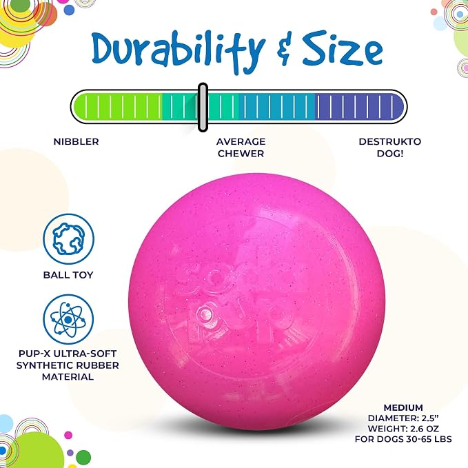 SodaPup Glitter Ball – Soft Dog Ball Toy, Floating Fetch Ball and Treat Dispenser Made in USA from Non-Toxic Pet Safe Food Safe PUP-X Rubber for Bonding, Physical Exercise, & More
