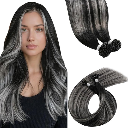 LaaVoo U Tip Hair Extensions Human Hair Ombre Black K tip Hair Extension Real Human Hair Natural Black to Silver KTip Human Hair Extensions Hot Fusion 24 inch 50g/50s