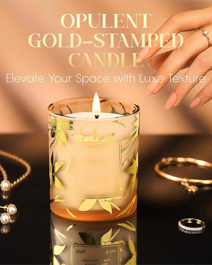 M&SENSE Vanilla Soy Candle, 8.1oz Gilded Glass, Cozy Candles Gift | 42H Long Burn, Warm Relax Home Fragrance, Non-Toxic, Warmer Safe, Reusable Jar, Sensitive-Friendly