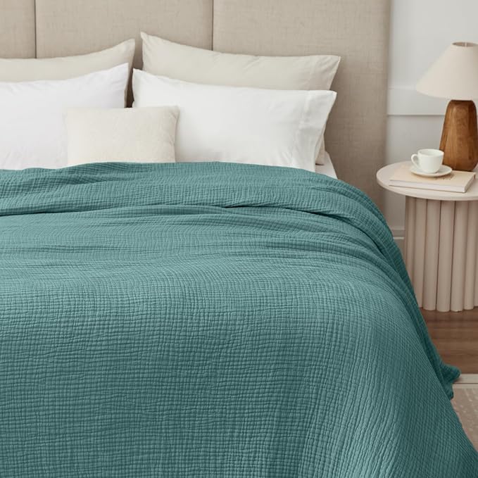 100% Cotton Muslin Blanket Twin XL 66" x 90", Breathable and Cooling Bed Blankets, Soft Boho Bedspread, Gauze Bedding for Adults All Season, Turquoise, Teal