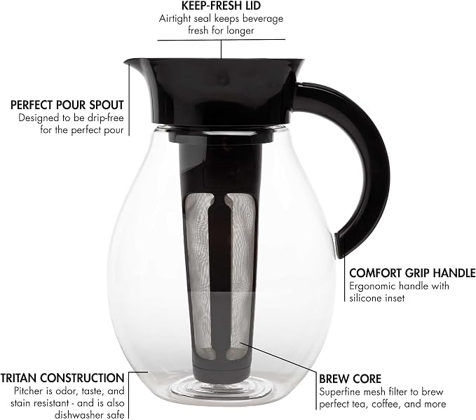 Primula The Big Iced Tea Maker and Infuser, Plastic Beverage Pitcher with Leak Proof, Airtight Lid, Fine Mesh Reusable Filter, Made without BPA, Dishwasher Safe, Black