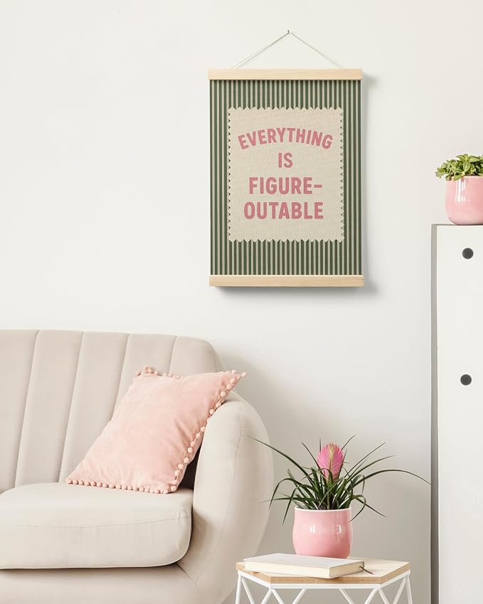 FGFK Everything Is Figureoutable Inspirational Wall Art Poster Hanger Frame, Retro Pink and Green Positive Affirmations Canvas Prints Framed Wall Decor for Home Classroom Office, 12x16 Inch