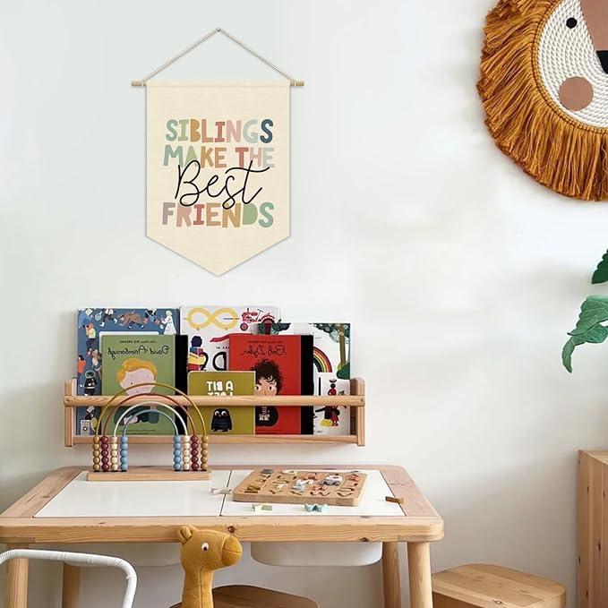 Siblings Make The Best Friends Wall Decor for Kids Room, Playroom Pennant Banner, Neutral Nursery Wall Hanging, Brother Sister Bedroom Decor for Toddler Boys Girls 15x11 Inch