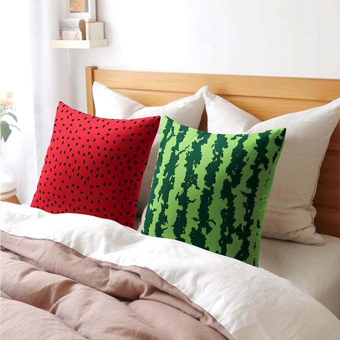 Watermelon Pillow Covers 16X16 Inch Set of 2 Summer Fruits Decorative Pillow Cases Green Red Stripes Cotton Linen Cushion Case Farmhouse Modern Home Decor for Sofa Couch Bedroom