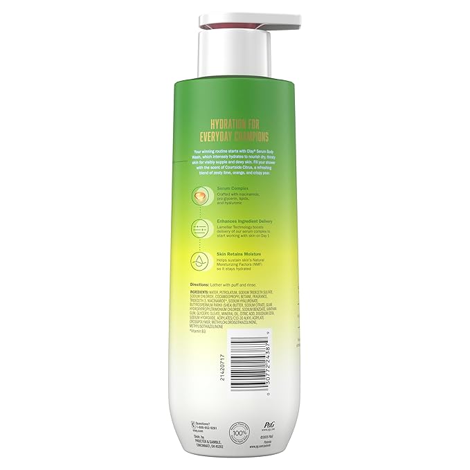 Olay Body Wash for Women, WNBA, Intensely Hydrating, Hyaluronic Acid Serum, Hydration On/Off Court, Improves Moisture Barrier, Vitamin B3 Complex, All Skin Types, Courtside Citrus Scent, 20 fl oz