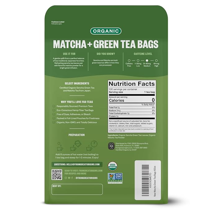 FGO Organic Japanese Matcha + Green Tea, 100 Count, Eco-Conscious Tea Bags, Resealable Bag, Packaging May Vary (Pack of 1)