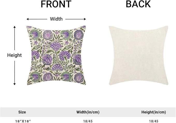 Block Print Pillow Covers 18x18 Inch Pack Of 2 Boho Purple Green Floral Decor Throw Pillow Covers Spring Summer Flower Pillowcase Outdoor Farmhouse Decorative Cushion Cover for Home Couch Sofa