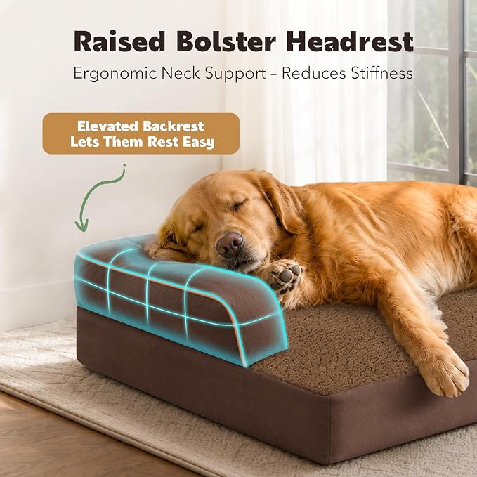 Orthopedic Waterproof Jumbo Dog Bed with Bolster for Extra Large Dogs | Pillow Support for Neck Relief, Egg Crate Foam, Waterproof Liner, Anti-Slip Bottom, Removable Bolster Cover, 53 x 42 Inch