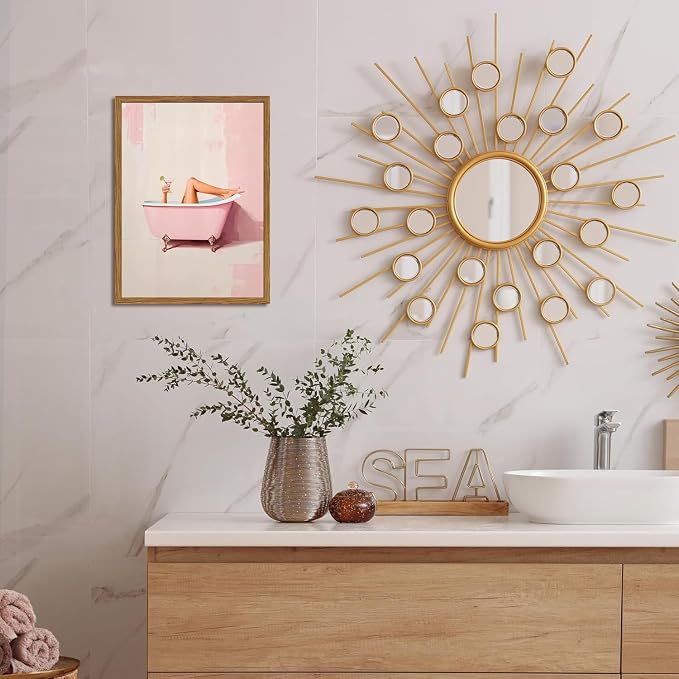 Funny Pink Girl Bathroom Wall Art, Cute Girly Bathtub Wall Decor Painting Trendy Pastel Woman and Martini Bathroom Poster Canvas Print Artwork 12x16 inch Framed