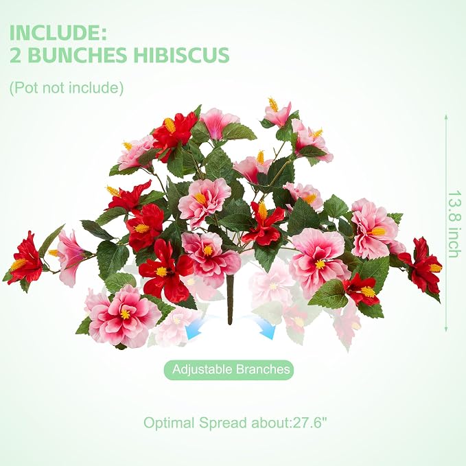 INXUGAO Artificial Flowers for Outdoors Indoors,2 Bunches Fake Hibiscus with Realistic UV Resistant Silk Flower Fabric Leaves,Faux Plants Outside for Home Patio Garden Yard Front Poch Decor(Red,Pink)