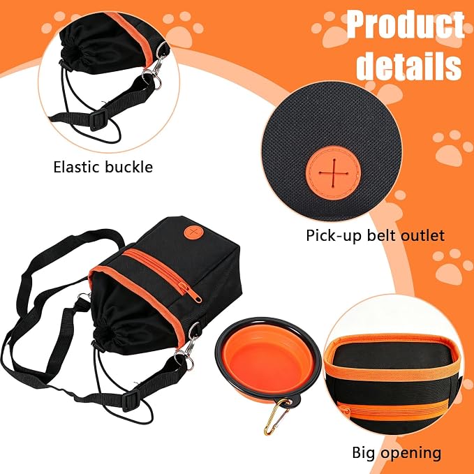 Dog Treat Pouch for Training, 2 Cup Dog Food Storage Bag with Poop Bag Dispenser, Collapsible Bowl, Adjustable Shoulder Strap, Kibble Carrier for Walking Hiking Camping, Orange Black