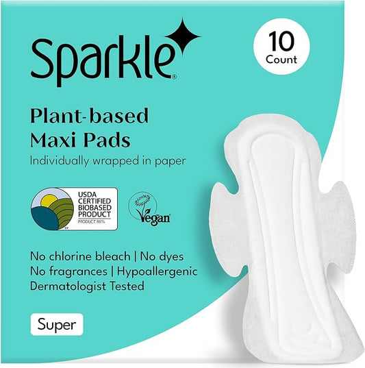 Sparkle Sanitary Pads for Women, Plant-Based Maxi Pads with Wings | Feminine Pads | Organic Pads | Period Pad Softer Than Cotton Pads, Medium Absorbency, Unscented (Super Pads, 10 Count)