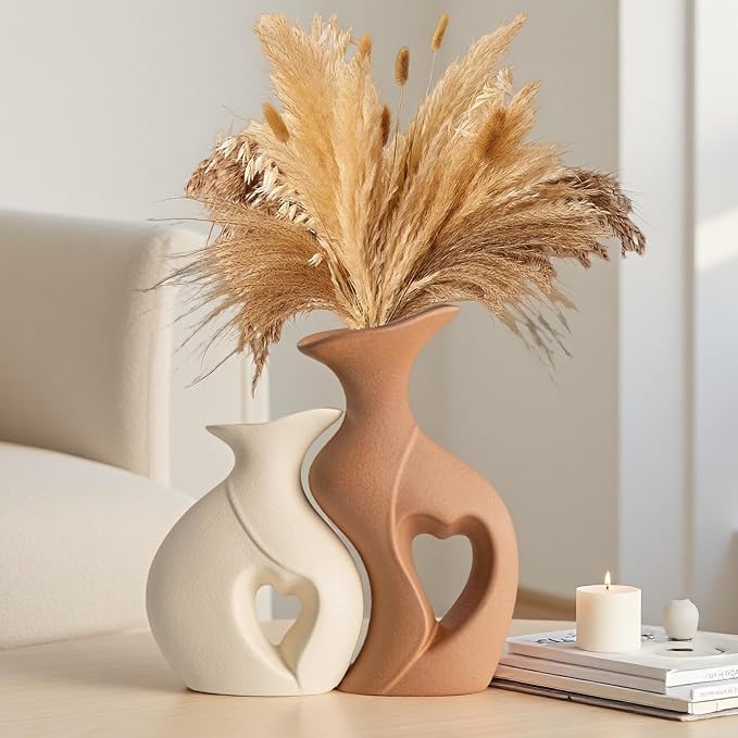 Beige and Brown Ceramic Vase Set of 2，Heart Shaped Home Decor | Nordic, Modern, Table Centerpiece Dining Living Room Office Coffee Table Wedding House Decoration, H 8.5 Inches
