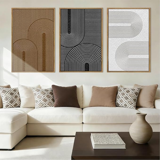 Extra Large Abstract Modern Wall Art Framed Dark Wall Painting Neutral Print Decor for Living Room Bedroom 24x36 Inches Set of 3