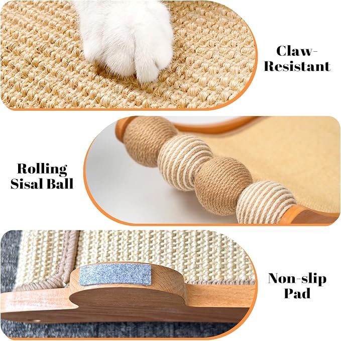 CHEERPALS Sisal Cat Scratcher Bed with Balls Wooden Cat Furniture(Large) | Cat Scratching Post. Indoor Cats Hammock. Natural Sisal Cat Scratch. Assembles in 5 mins. Gentle on kitten claws